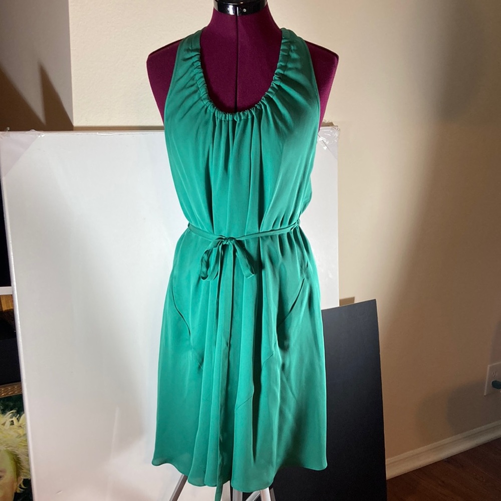 Theory Silk Dress with Pockets😁, Cinched Waist & Tie, Twist Collar in Back